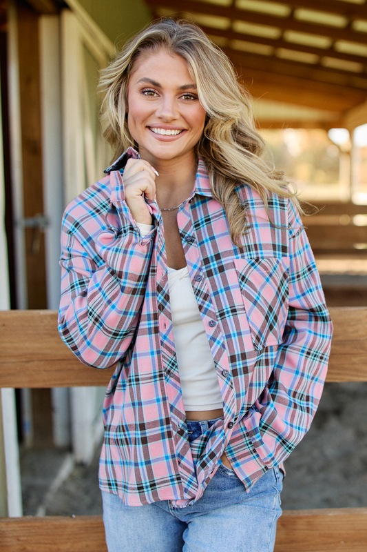 Rory Pink and Blue Plaid Flannel Button Down Top SALE