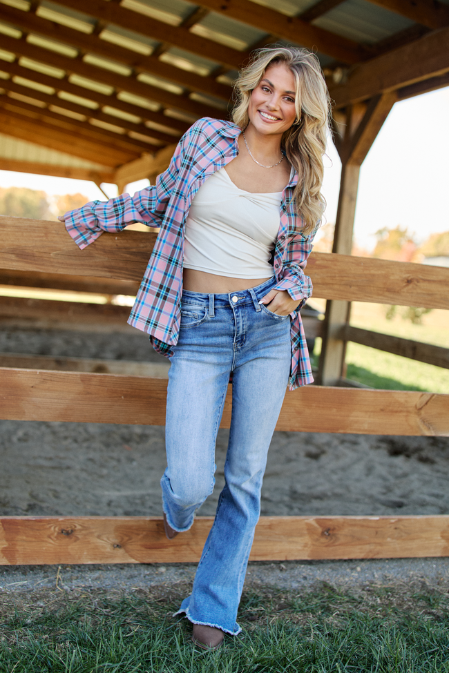 Rory Pink and Blue Plaid Flannel Button Down Top SALE