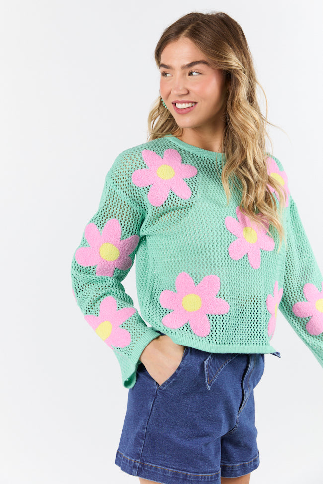 Follow You Around Mint And Pink Flower Embroidered Sweater FINAL SALE