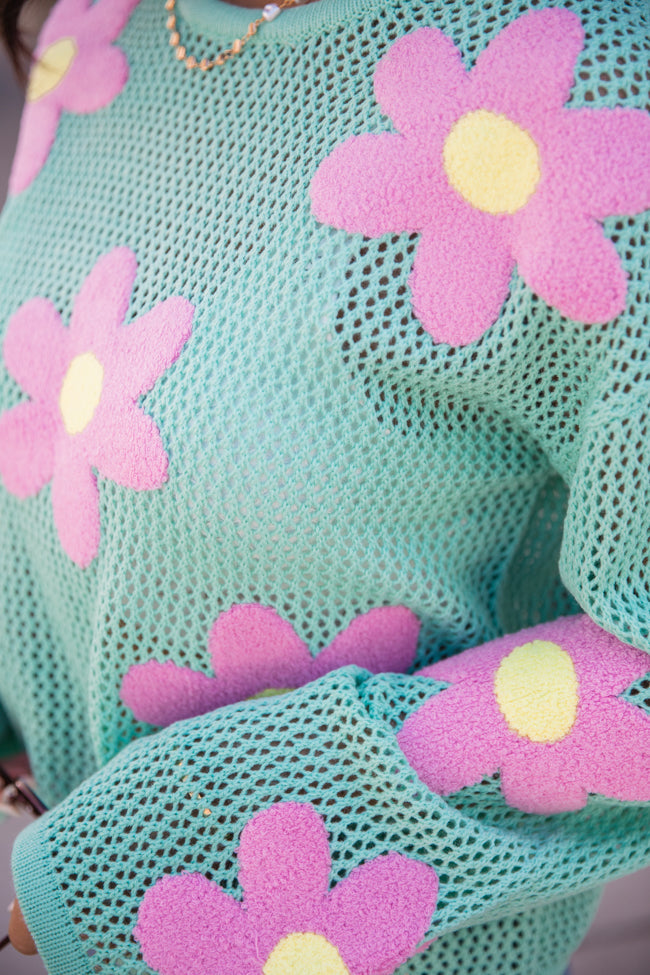 Follow You Around Mint And Pink Flower Embroidered Sweater FINAL SALE