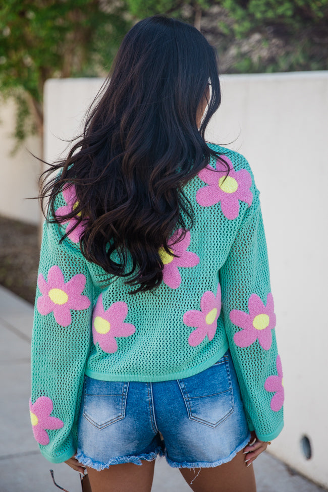 Follow You Around Mint And Pink Flower Embroidered Sweater FINAL SALE