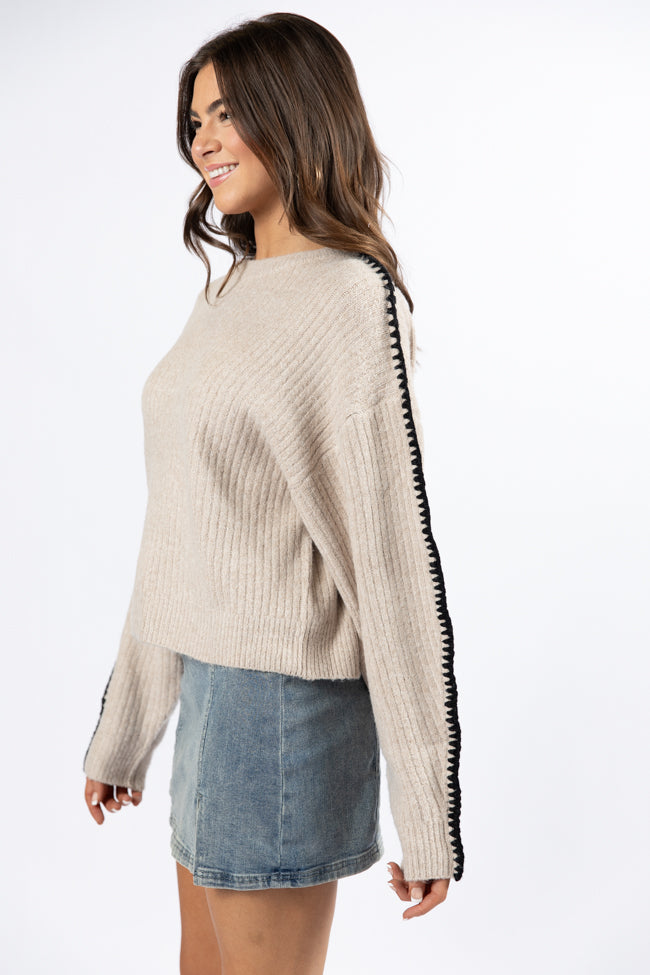 In and Out Taupe and Black Contrast Stitch Sweater FINAL SALE