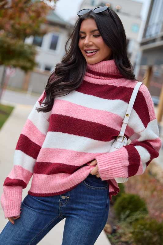 Shaylee Pink And Berry Stripe Turtleneck Sweater SALE