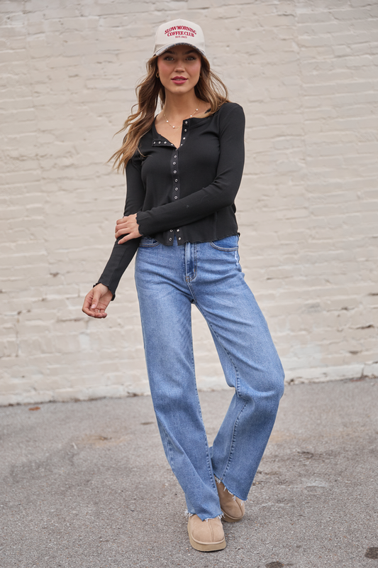 Anneliese Black Waffle Henley Top SALE